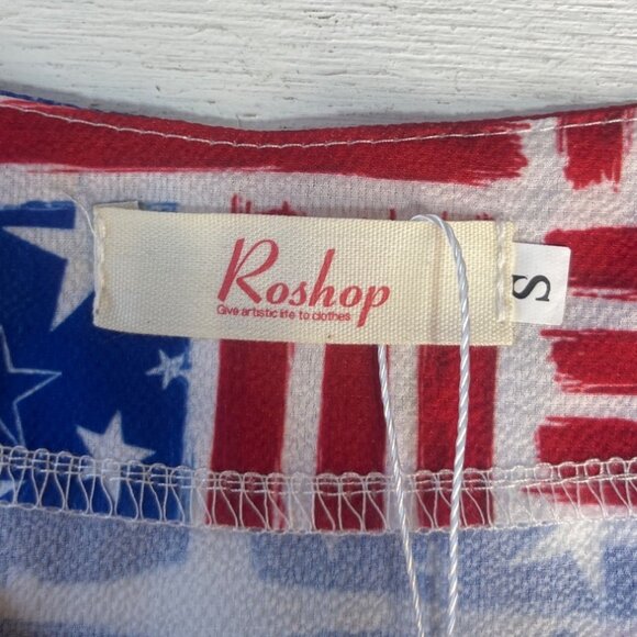 Roshop Flag Print Tie Button Front Shirt Womens Small Blue Red New Short Sleeve - Picture 6 of 10